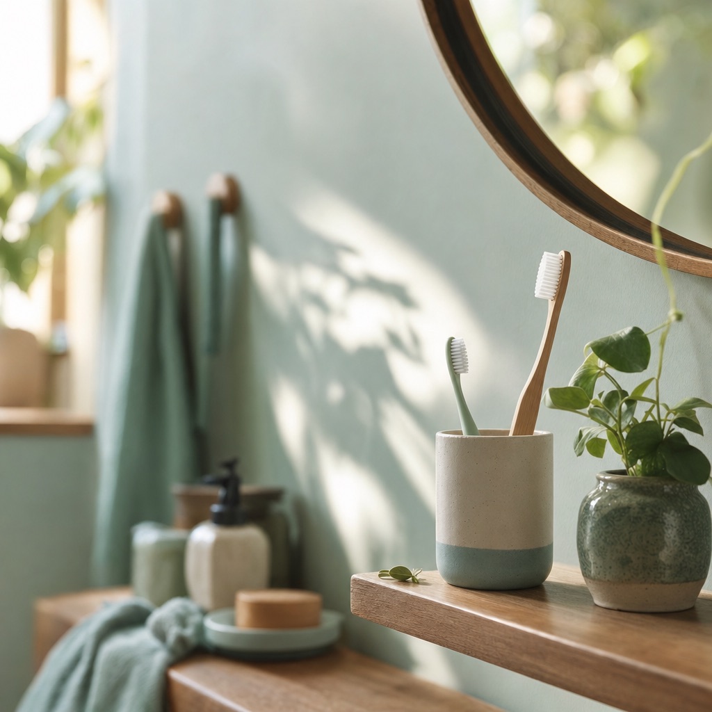 A child's toothbrush beside an adult's on a sunlit bathroom shelf, suggesting daily habits that carry from childhood into adulthood