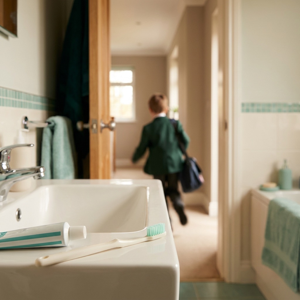 A dry, unused toothbrush by the basin while a child in school uniform leaves home — an everyday moment when brushing is missed
